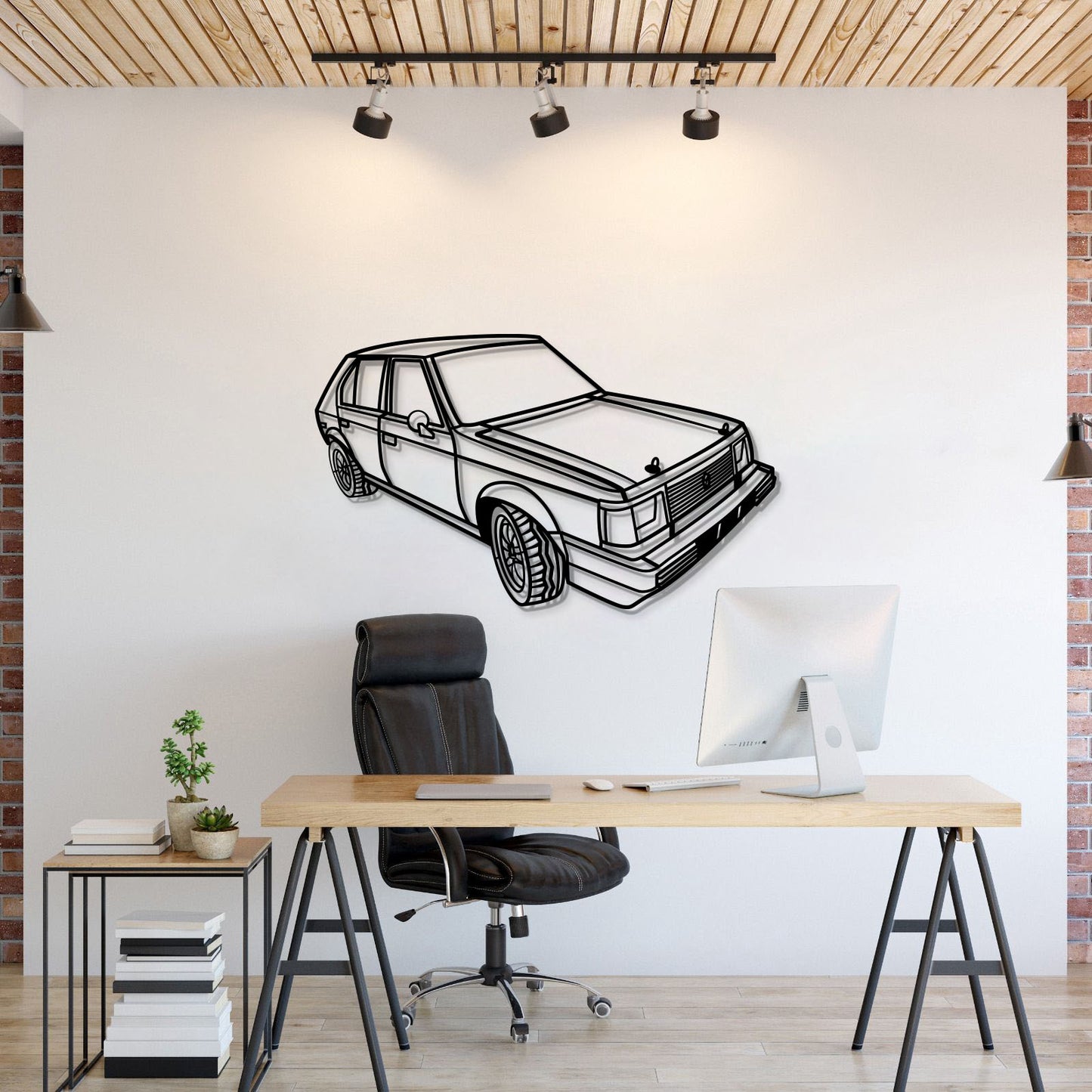 Plymouth Horizon (1980) perspective metal wall art – laser-cut 2 mm textured steel with matte powder-coat finish