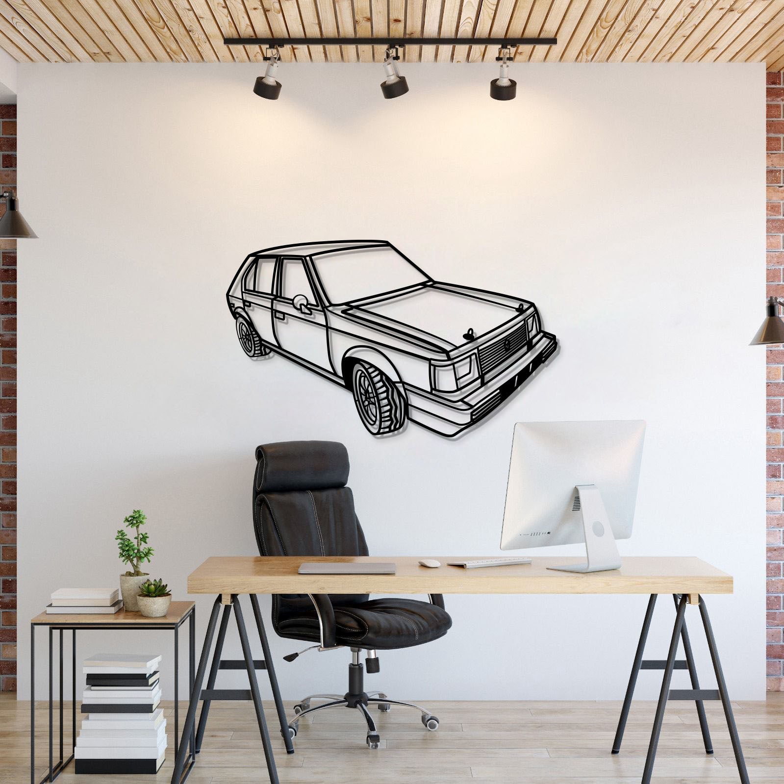 Plymouth Horizon (1980) perspective metal wall art – laser-cut 2 mm textured steel with matte powder-coat finish