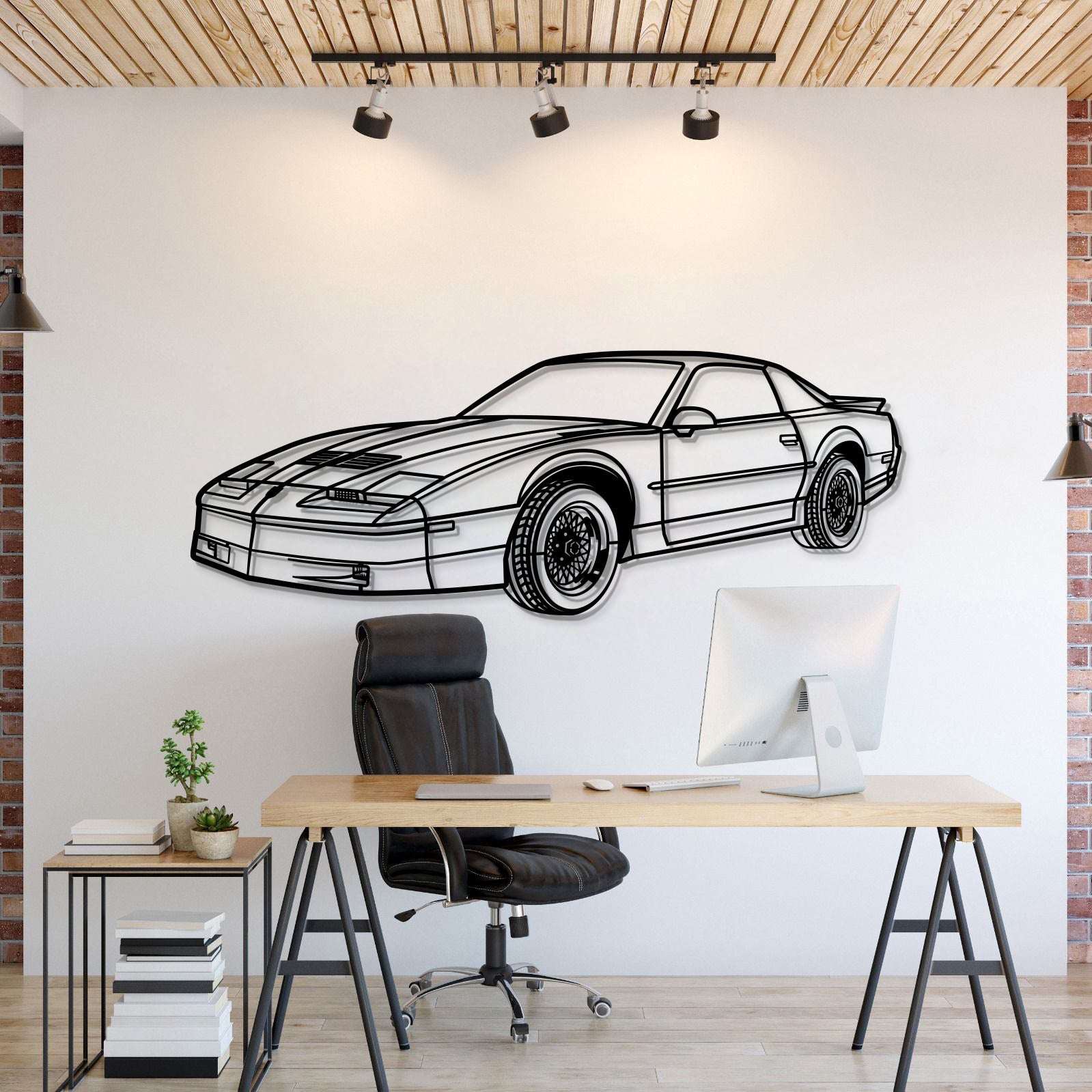 Pontiac Trans Am (1988) perspective metal wall art – laser-cut 2 mm textured steel with matte powder-coat finish