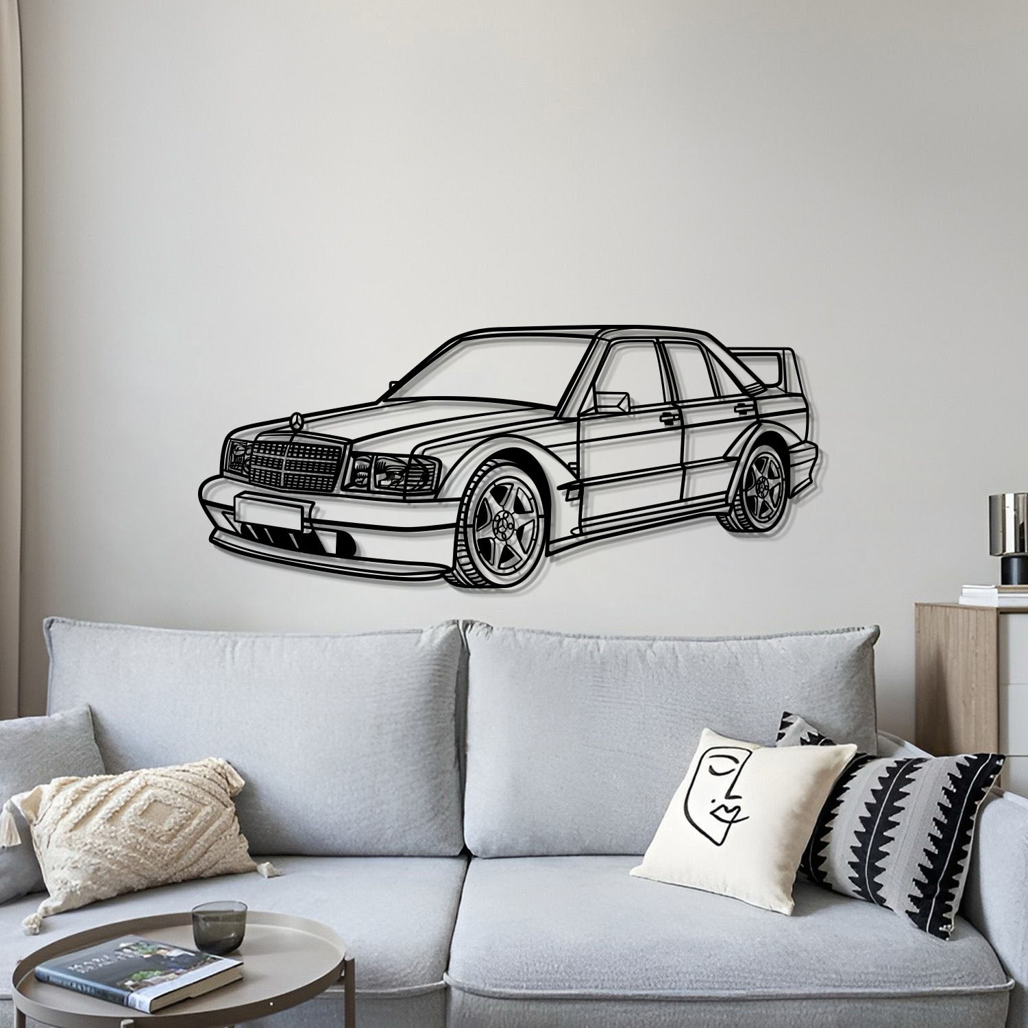 Modern 1990 190E 2.5‑16 EVO II perspective wall hanging in matte textured steel