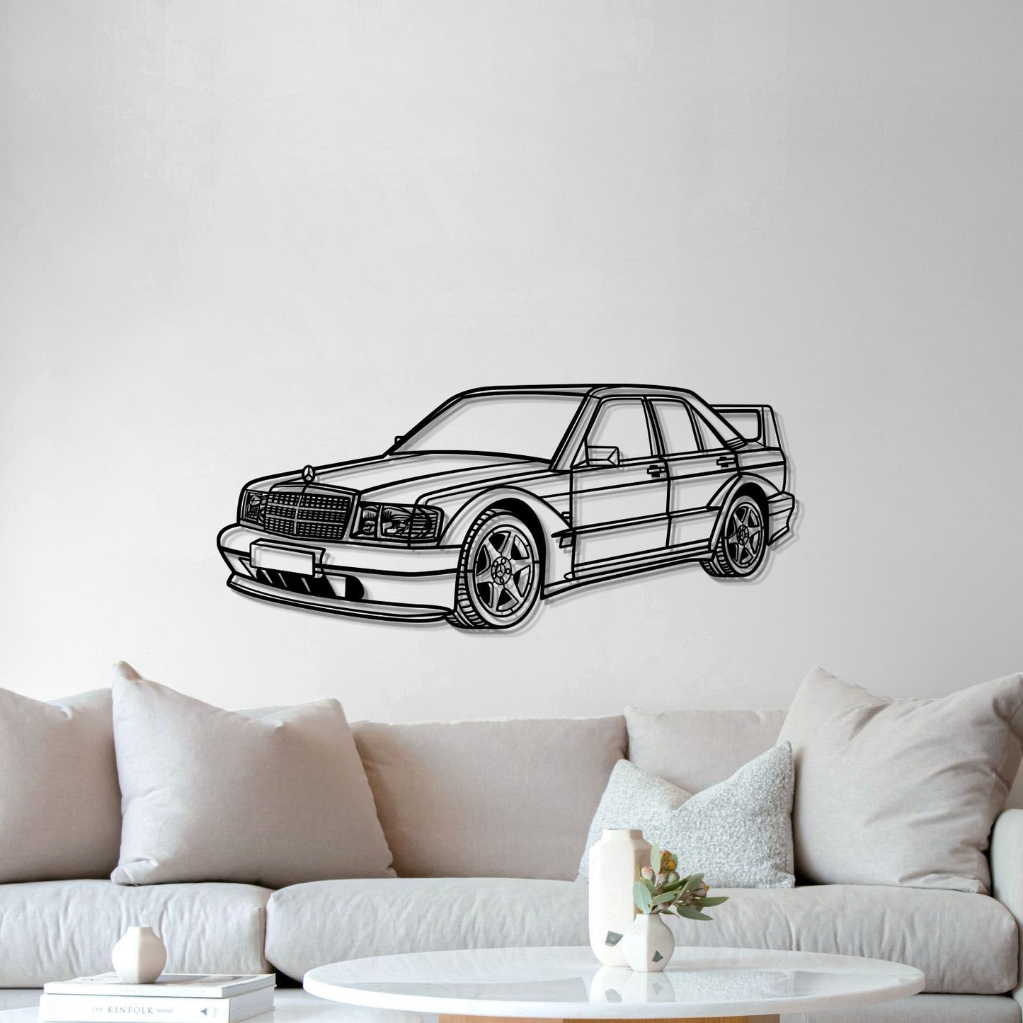 Perspective view of 1990 190E 2.5‑16 EVO II metal wall art elevated 1 cm for 3D effect 