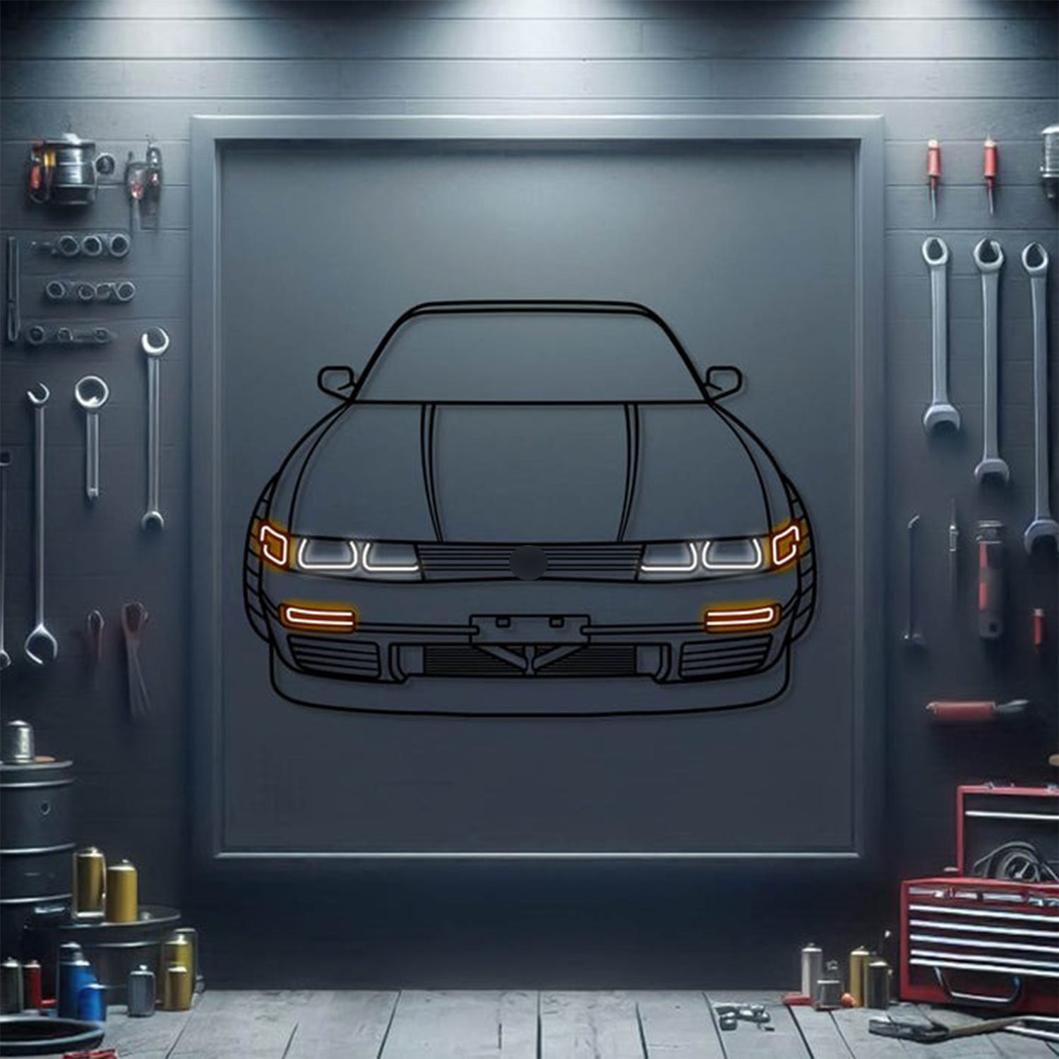 1992 Nissan 240SX front view metal neon car wall art – laser‑cut 3 mm steel décor for tuner car enthusiasts
