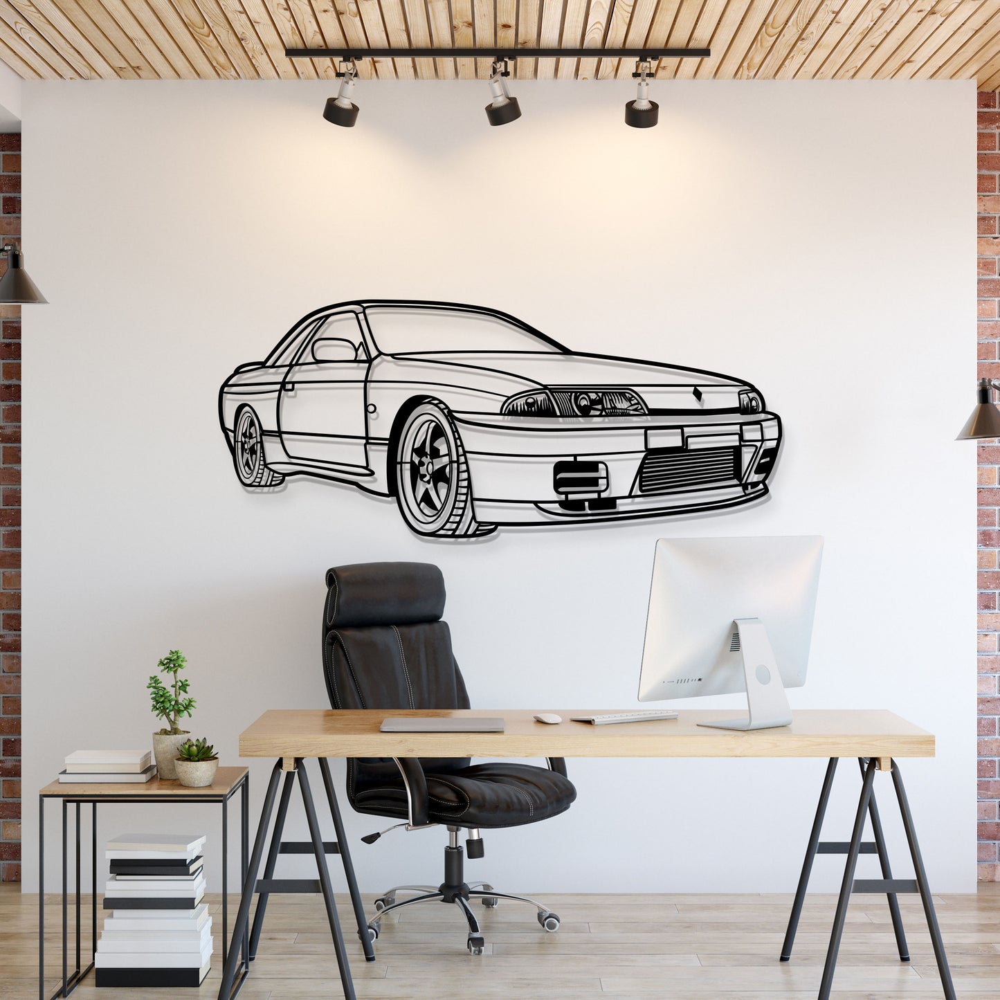 1993 Nissan Skyline GTS‑T R32 perspective view metal wall art – laser‑cut steel silhouette with matte powder‑coat finish