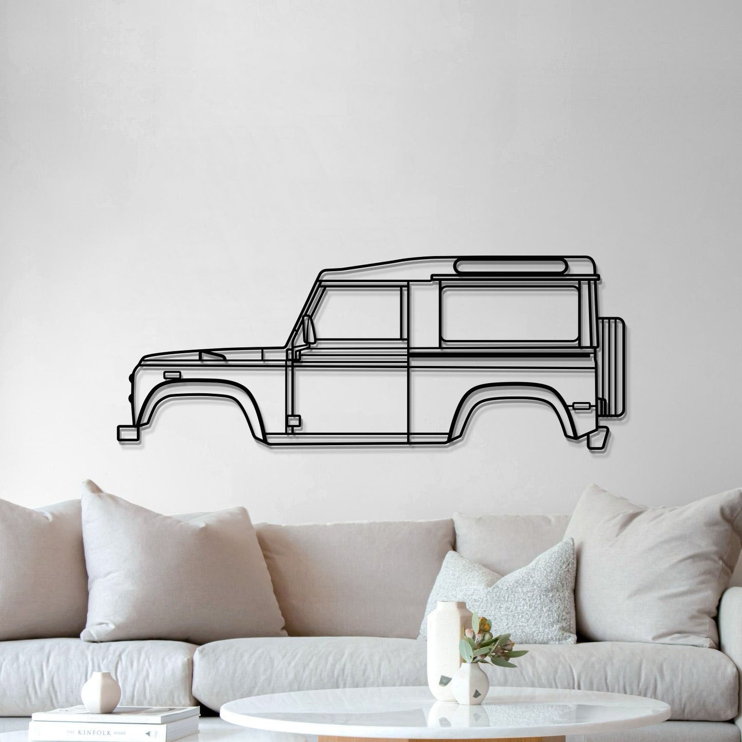 Minimalist metal silhouette of 1997 Land Rover Defender 90 wall hanging
