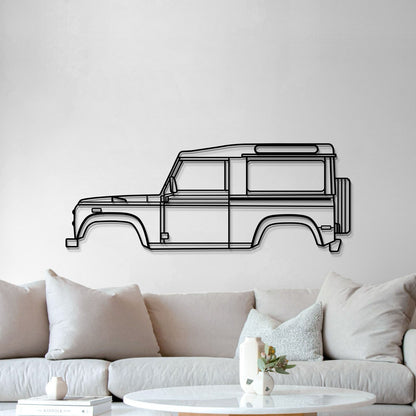 Minimalist metal silhouette of 1997 Land Rover Defender 90 wall hanging