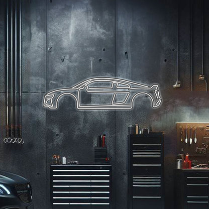 Audi R8 neon metal wall art – laser-cut 3 mm steel silhouette with glowing neon trim and 1 cm 3D elevation
