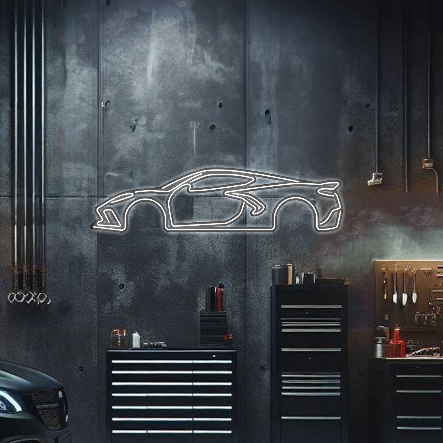 Corvette C8 neon metal wall art – laser‑cut 3 mm steel silhouette with glowing neon trim and 3D elevation effect
