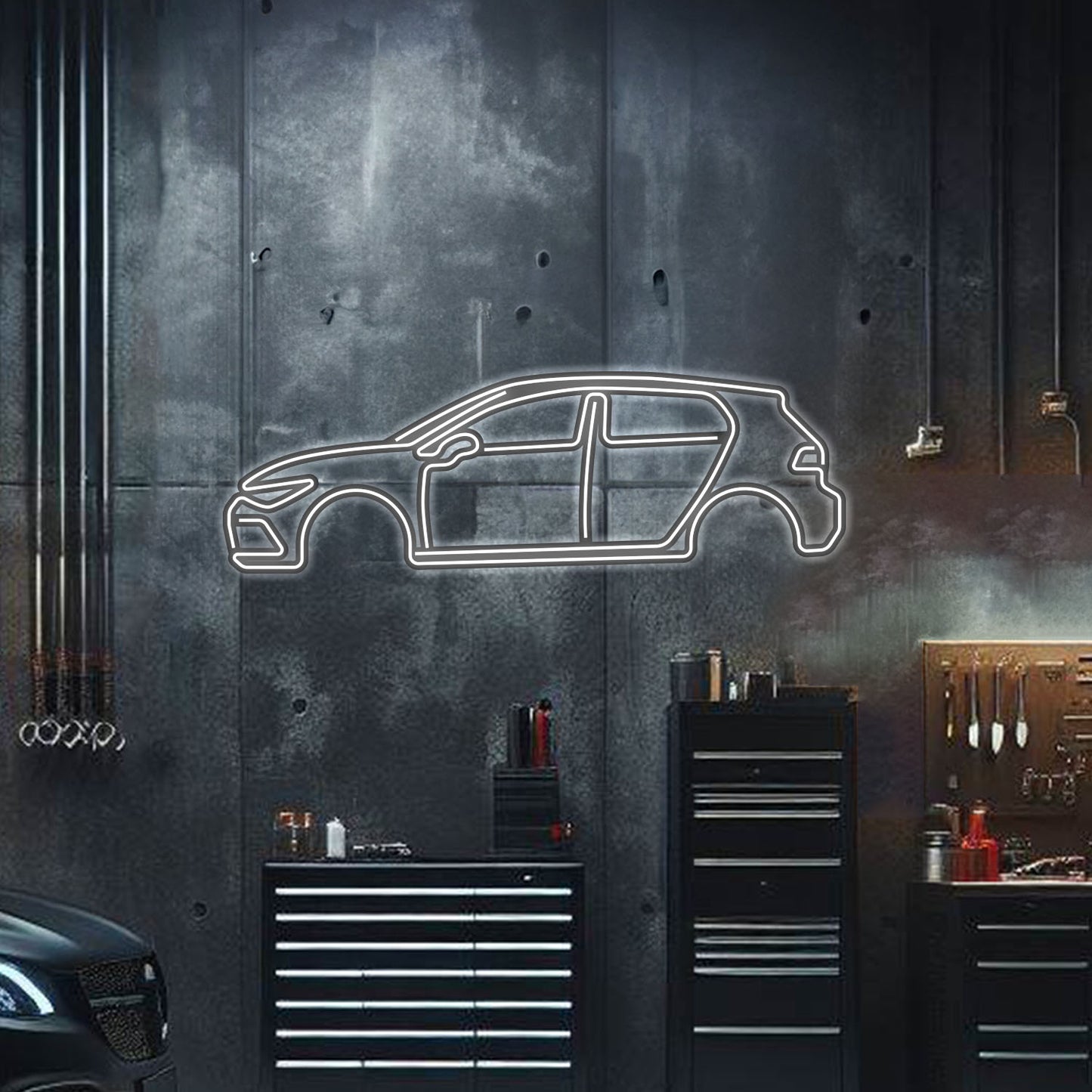 Golf GTI neon metal wall art – iconic hot hatch silhouette with illuminated neon trim