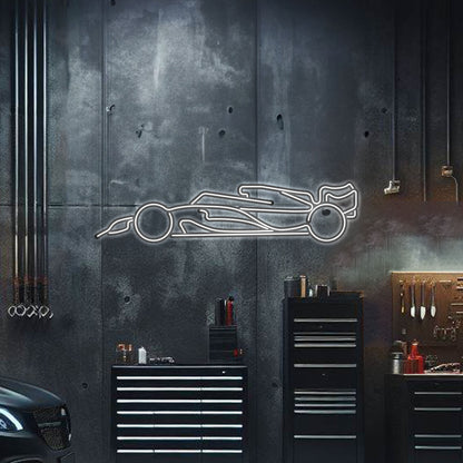 Formula 1 metal neon wall art – laser‑cut 3 mm steel silhouette with glowing neon trim and 3D elevation effect
