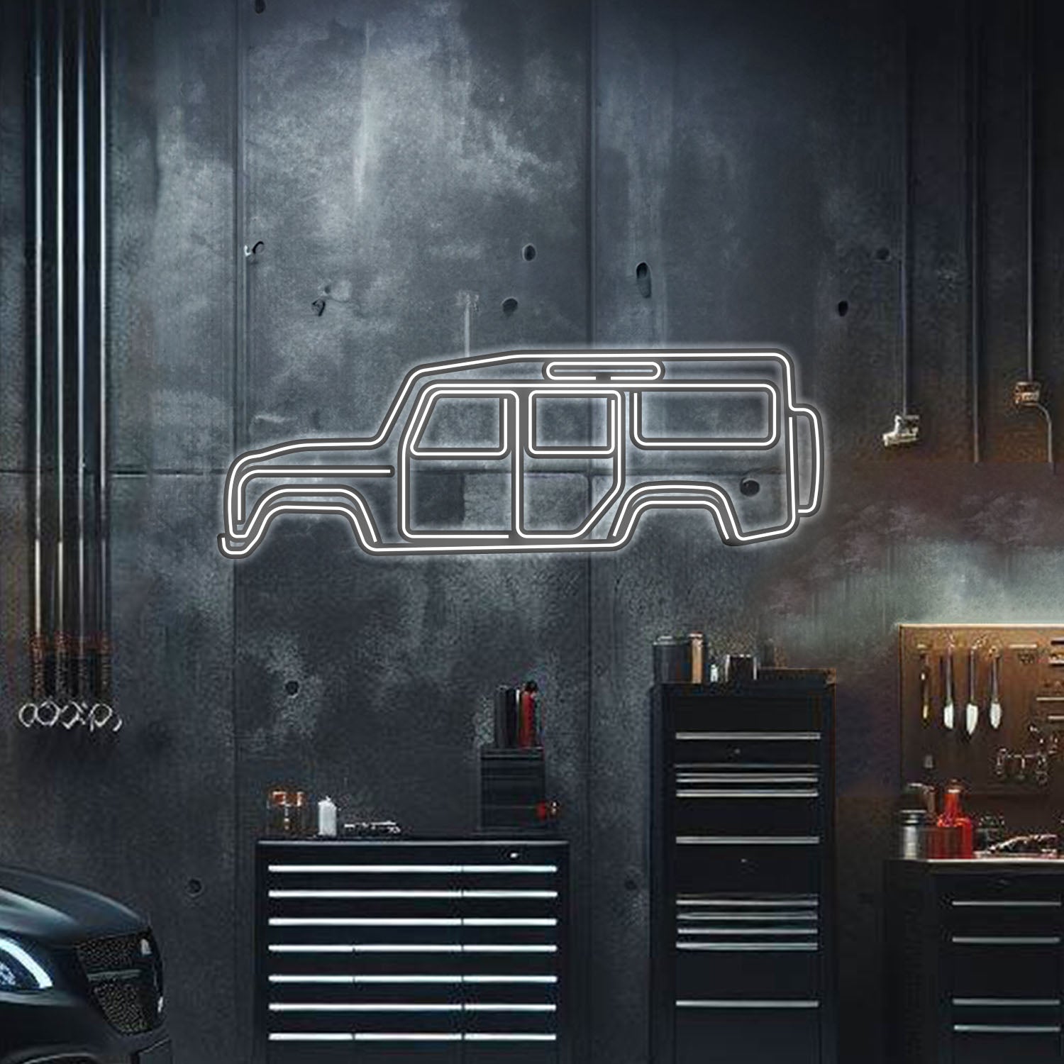 Land Rover Defender 110 neon metal wall art – laser-cut 3 mm steel silhouette with illuminated neon trim and 3D depth effect