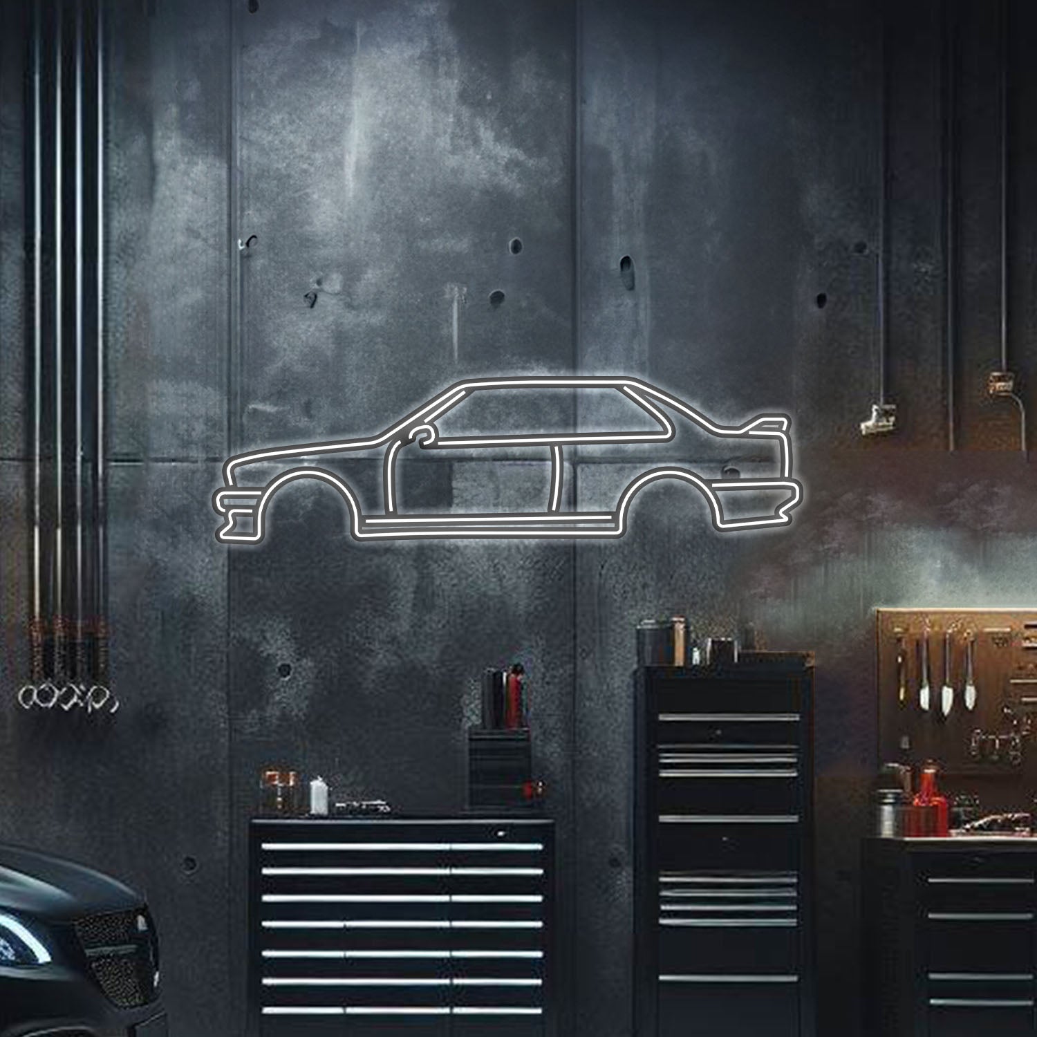 BMW E30 neon metal wall art – laser-cut 3 mm steel silhouette with glowing neon trim and 1 cm 3D elevation effect
