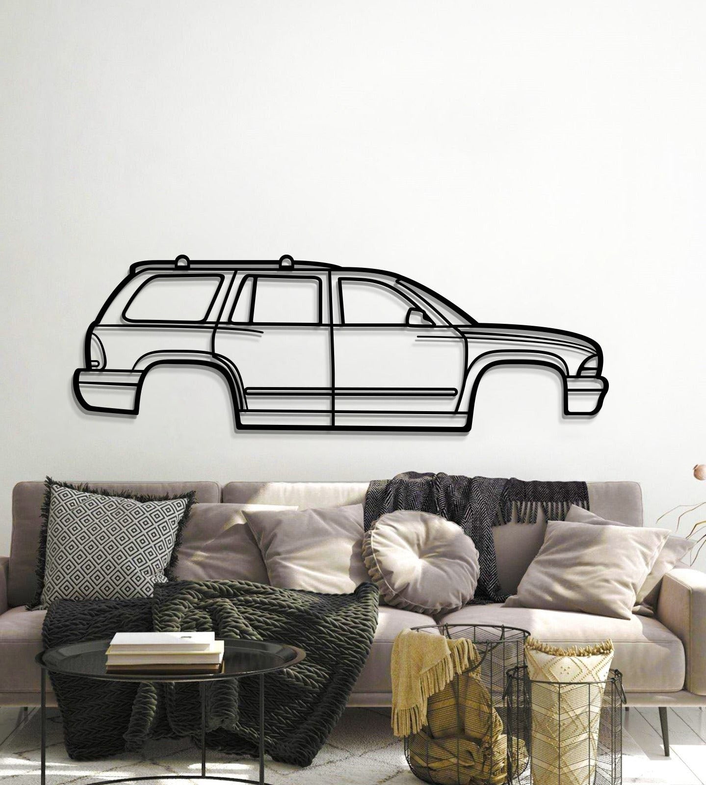 Minimalist 2002 Durango metal wall decor, featuring laser-cut 2 mm steel and matte coating for elegant car-themed art.