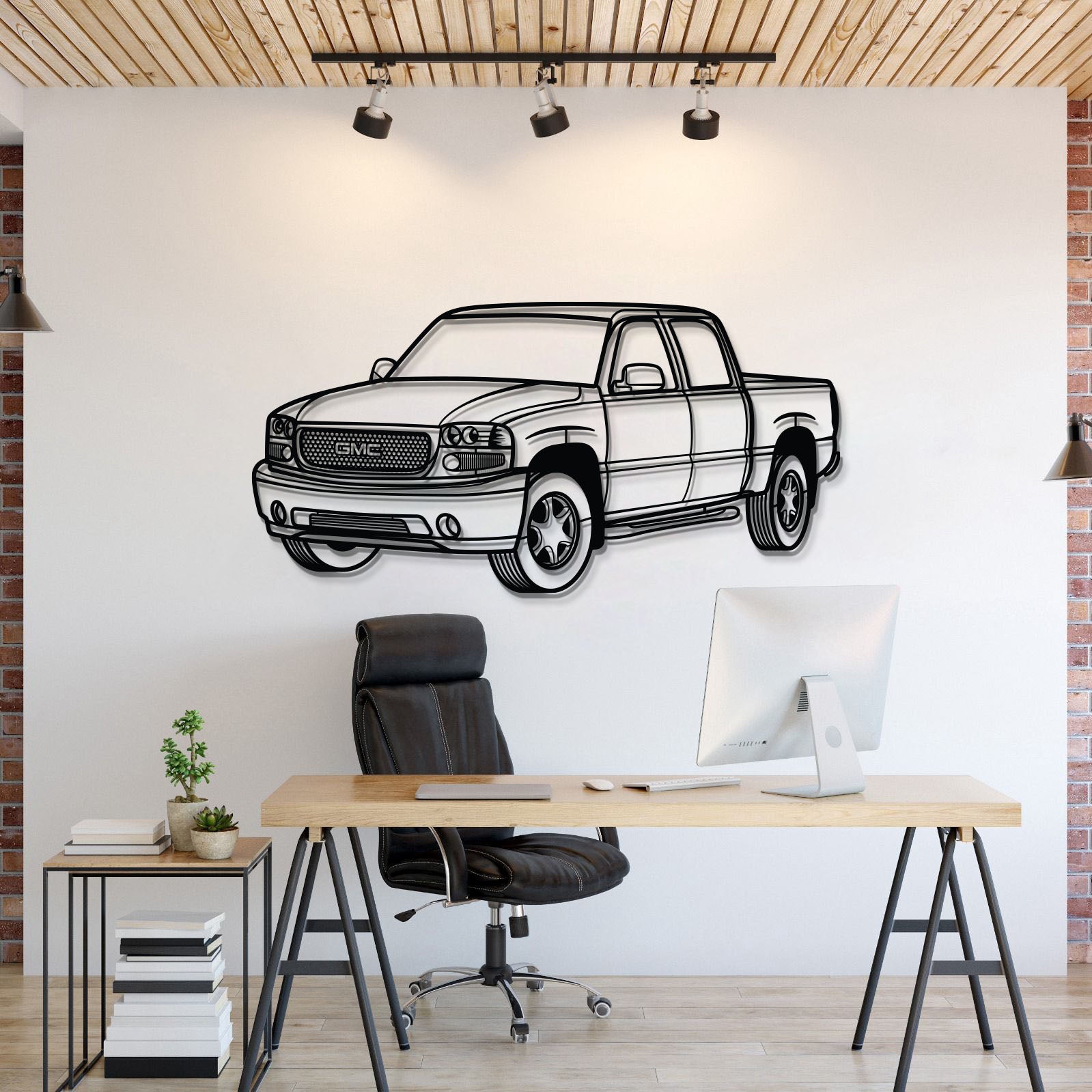GMC Sierra Denali 1500 Crew Cab (2005) perspective metal wall art – laser-cut 2 mm textured steel with matte powder-coat finish
