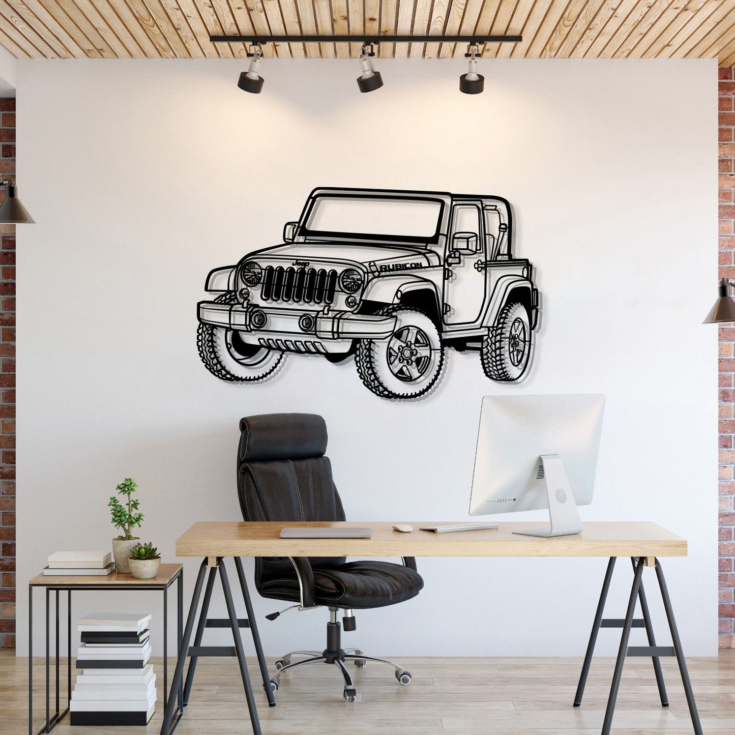 Jeep Wrangler Rubicon (2007) perspective metal wall art – laser-cut 2 mm textured steel with matte powder-coat finish