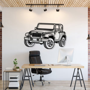Jeep Wrangler Rubicon (2007) perspective metal wall art – laser-cut 2 mm textured steel with matte powder-coat finish