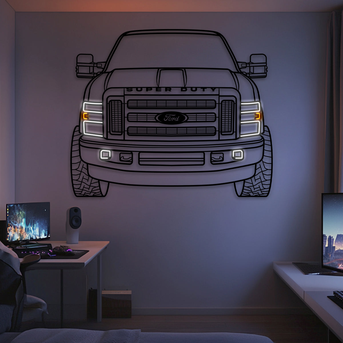 2008 F‑350 King Ranch CCSB front view neon‑lit metal wall art