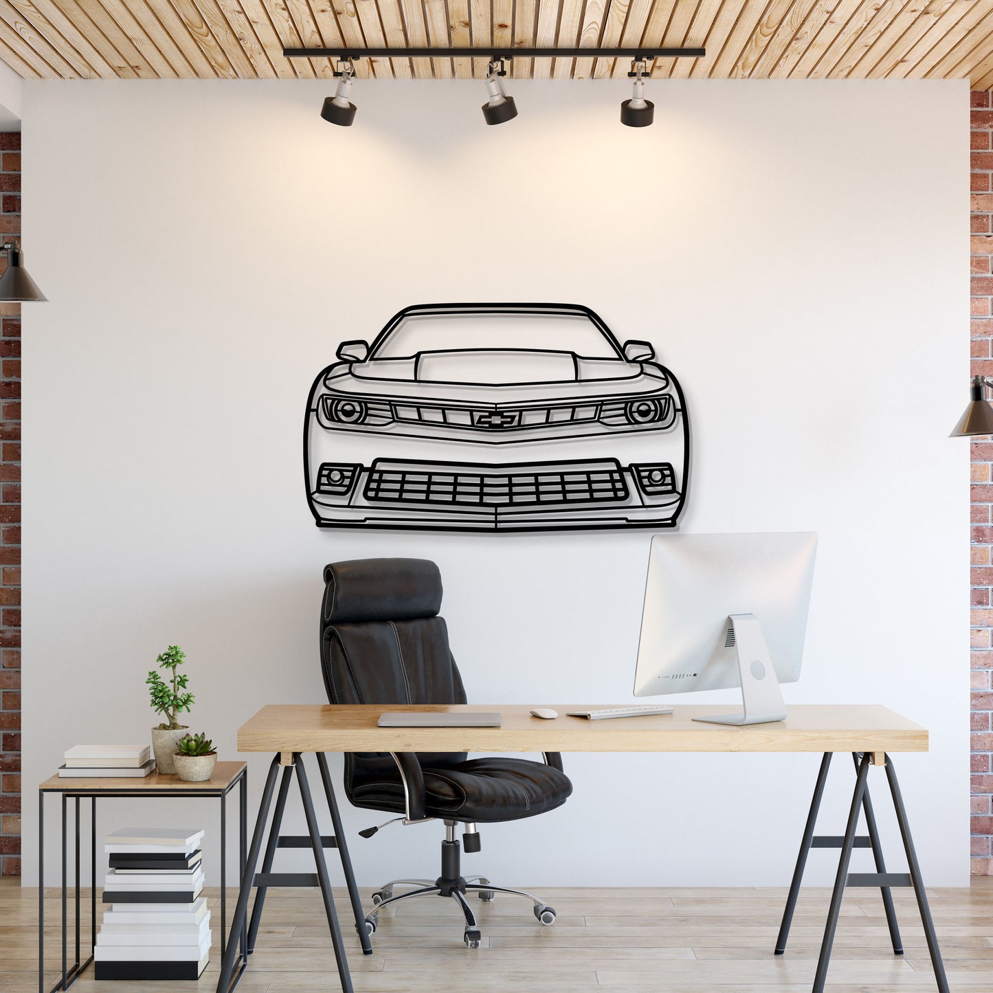 2014 Chevrolet Camaro front view metal wall art – laser-cut steel silhouette with matte powder-coated finish