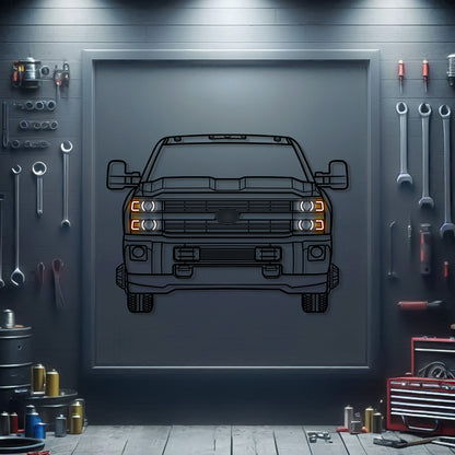 2015 Chevrolet Silverado 2500HD front view metal neon wall art – laser‑cut steel silhouette with neon‑lit headlights and matte powder‑coat finish