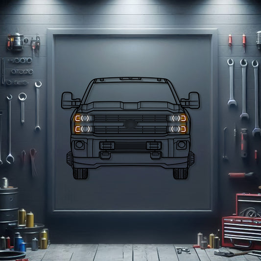 2015 Chevrolet Silverado 2500HD front view metal neon wall art – laser‑cut steel silhouette with neon‑lit headlights and matte powder‑coat finish