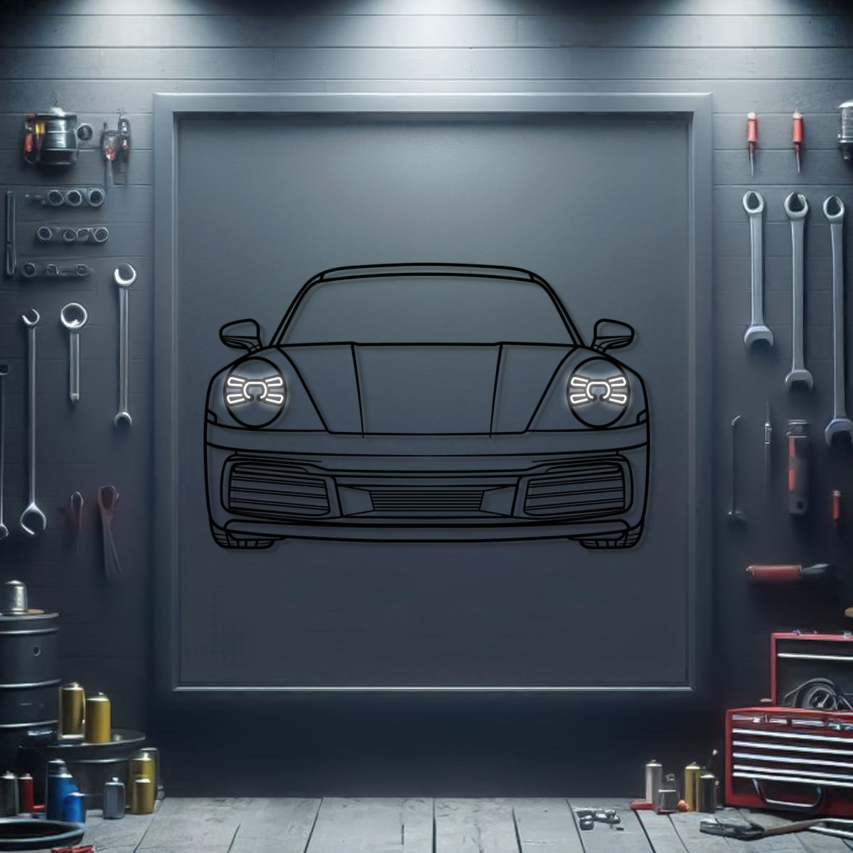 2019 Porsche 911 Carrera front view metal neon car wall art – laser‑cut steel décor for luxury sports car enthusiasts