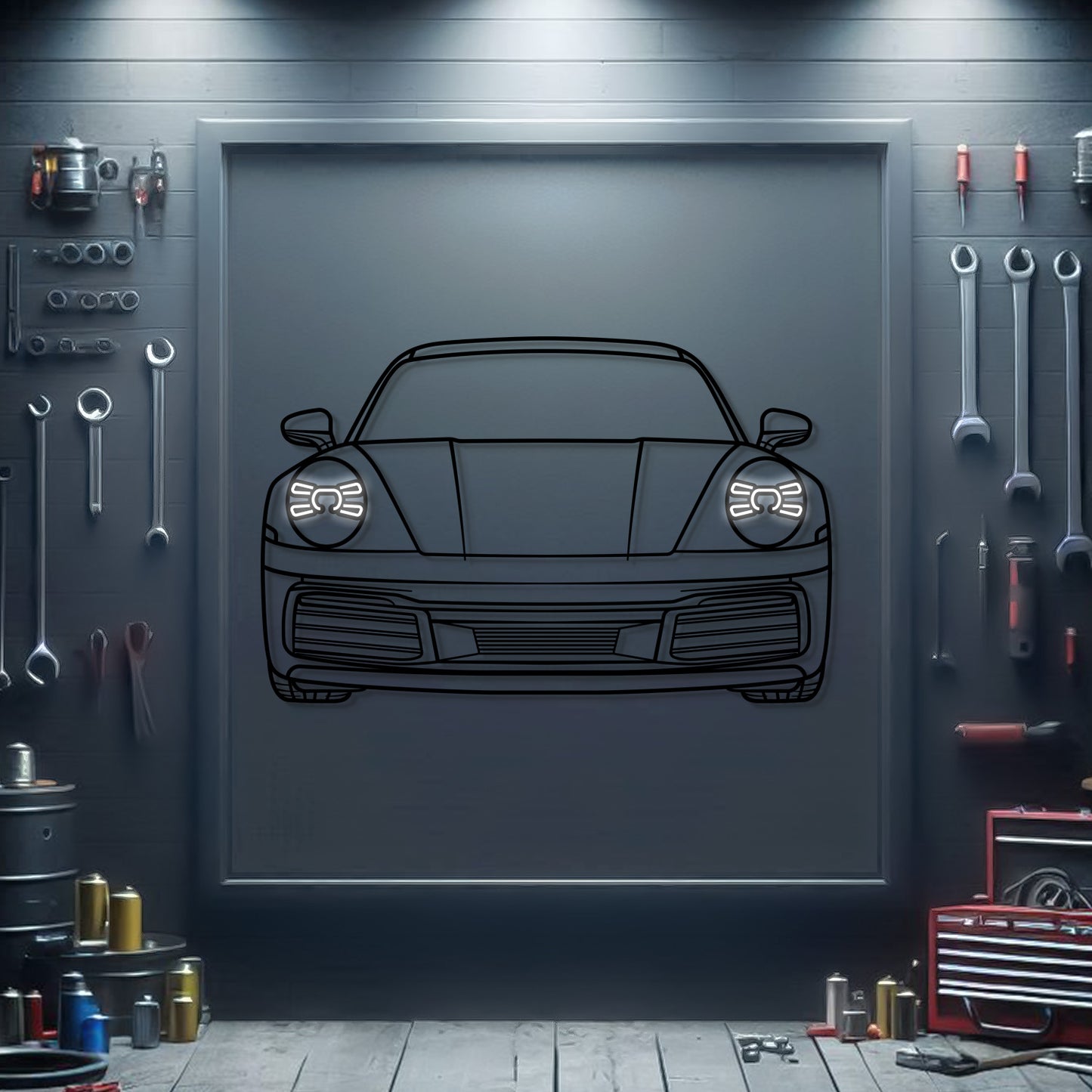 2019 Porsche 911 Carrera front view metal neon car wall art – laser‑cut steel décor for luxury sports car enthusiasts