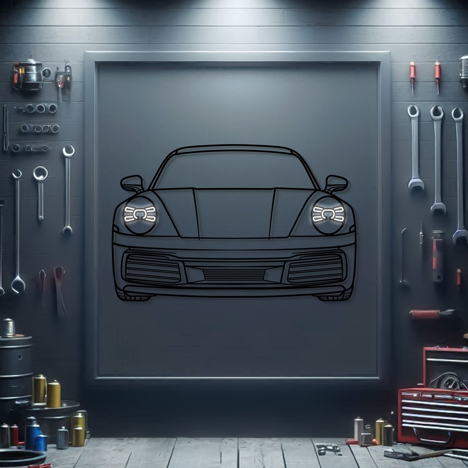 2019 Porsche 911 Carrera front view metal neon car wall art – laser‑cut steel décor for luxury sports car enthusiasts