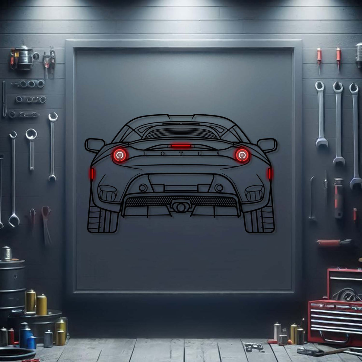 2020 Lotus Evora GT rear view neon‑lit metal wall art – high‑quality design with elevated 3D effect