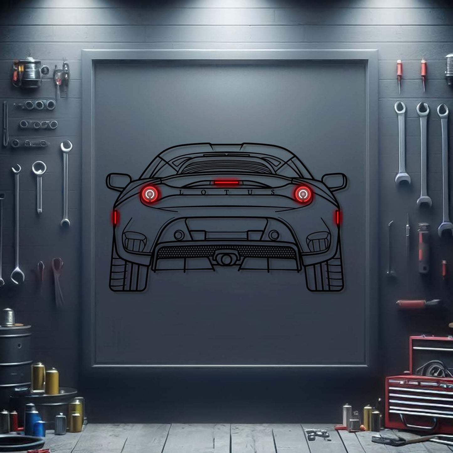 2020 Lotus Evora GT rear view neon‑lit metal wall art – high‑quality design with elevated 3D effect