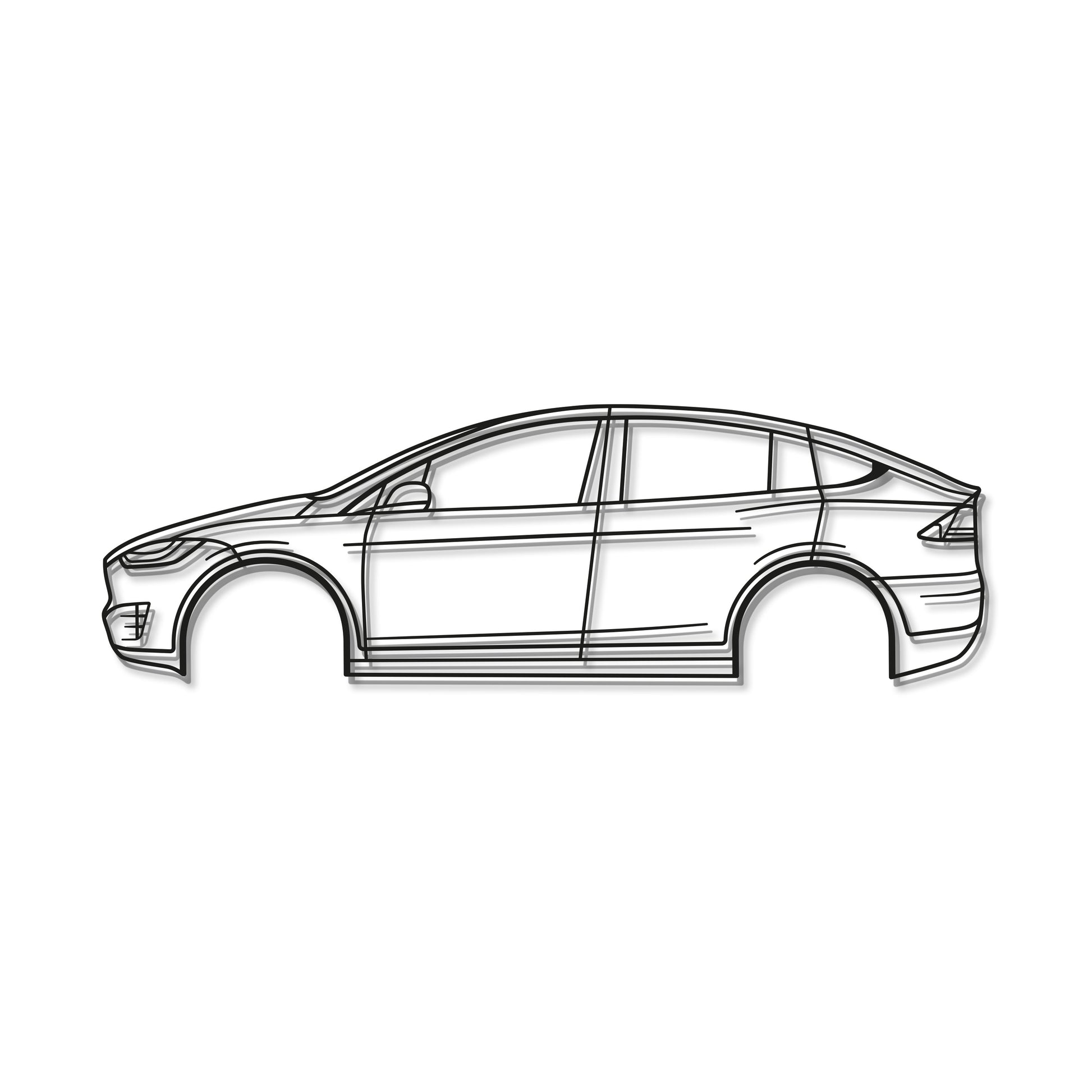 7. Ready-to-hang 2020 Model X Performance metal wall decoration with elevation screws and matte-textured steel silhouette.
