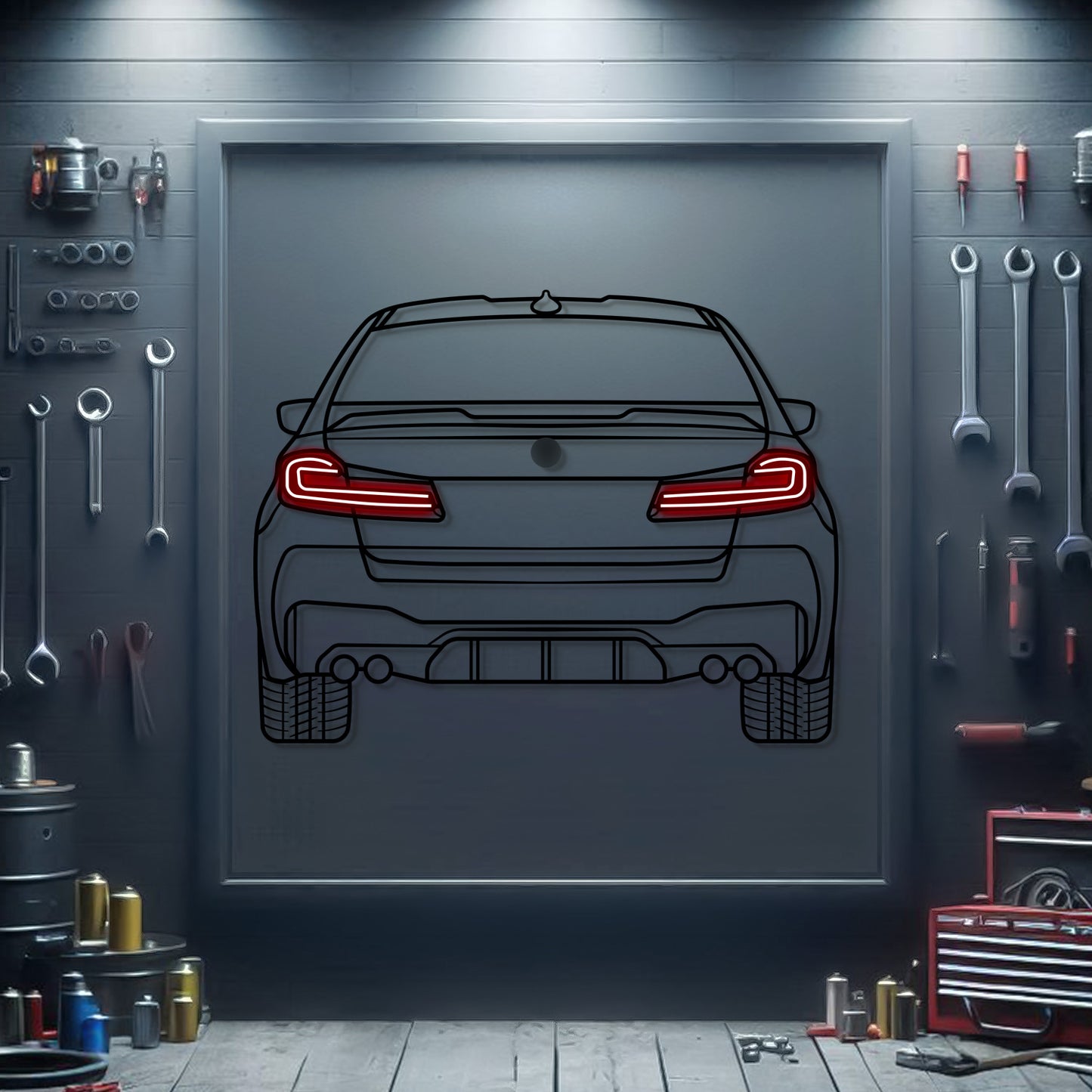 2021 BMW M5 Competition back view metal neon car wall art – laser-cut steel décor for performance sedan enthusiasts