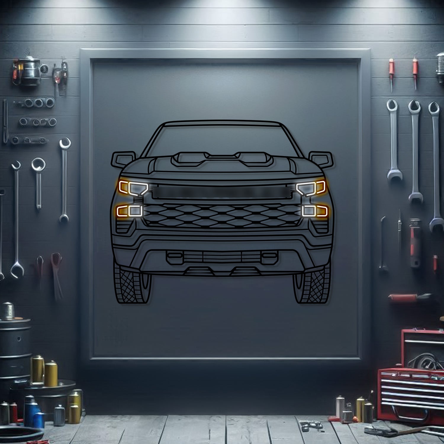Chevrolet Silverado 1500 Trail Boss 2022 front silhouette neon wall art – ready-to-hang truck décor for garage or living room