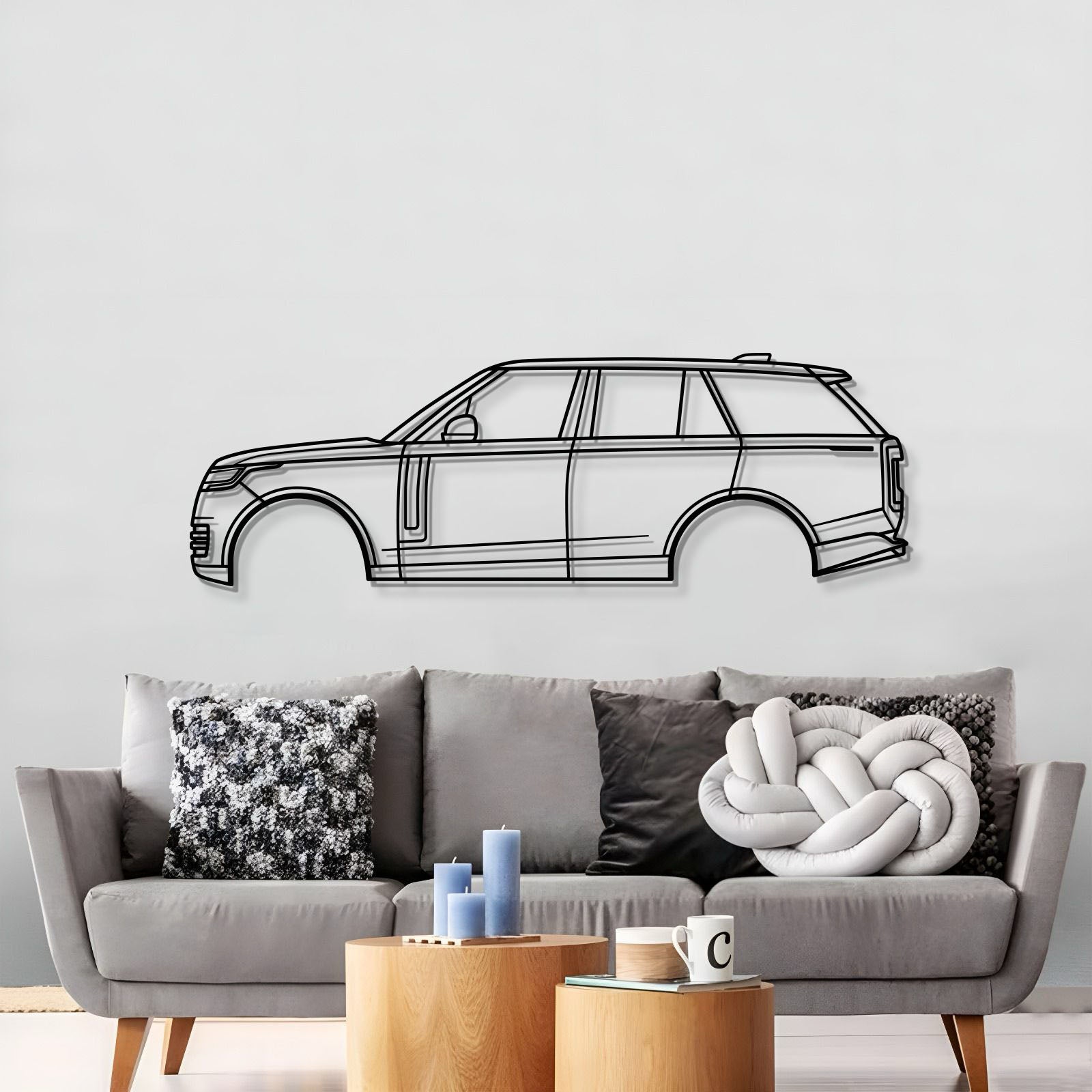 Laser-cut 2022 Range Rover metal wall sculpture with matte textured finish, ideal for home, office, or garage.