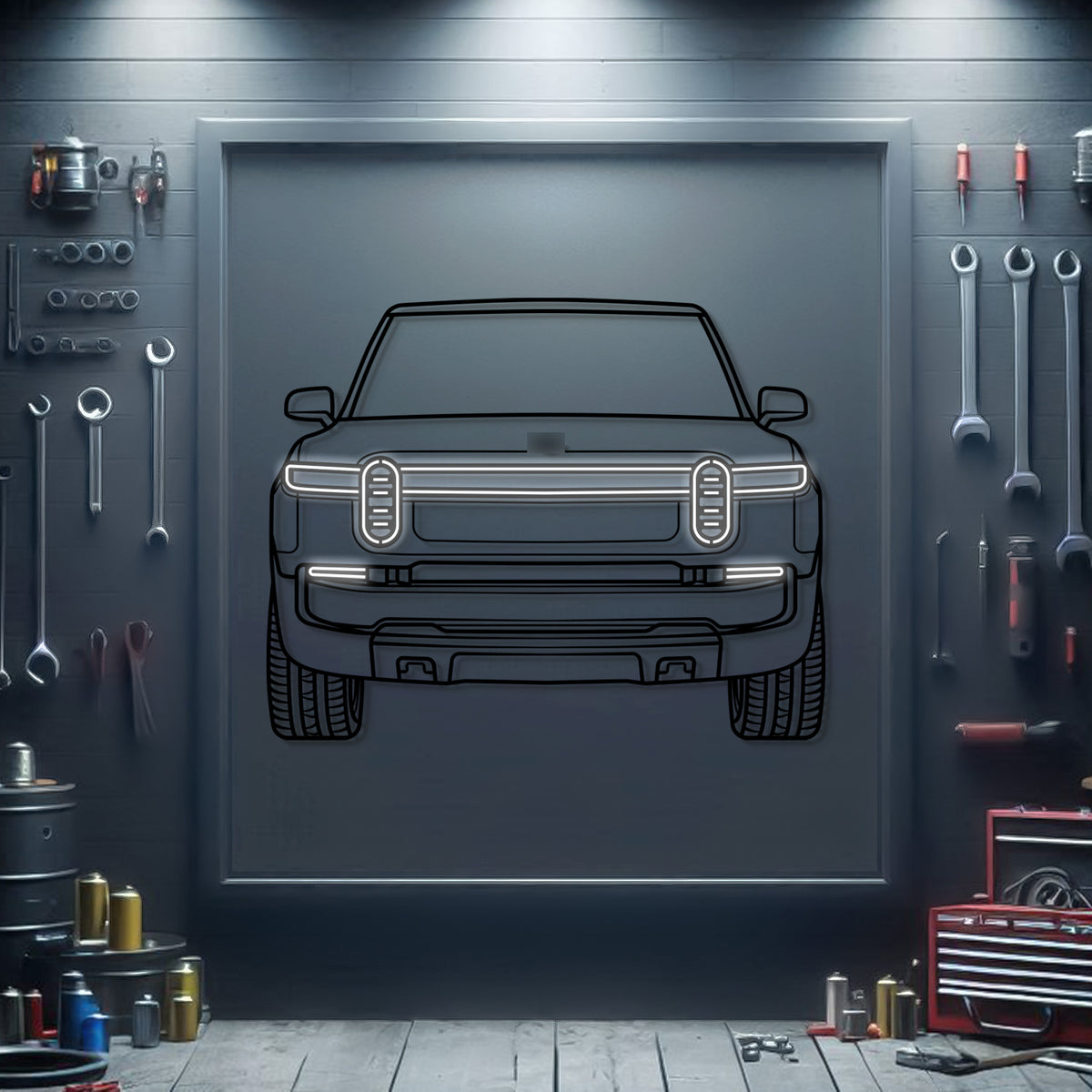 2023 Rivian R1T neon-lit front view metal wall art