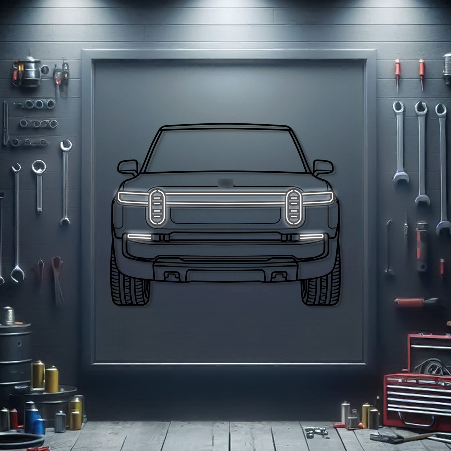 2023 Rivian R1T neon-lit front view metal wall art