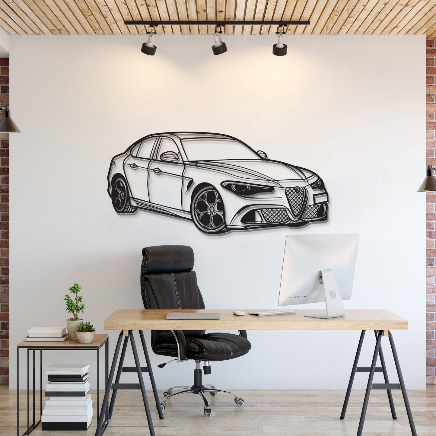 Alfa Romeo Giulia Quadrifoglio 100th Anniversary (2023) perspective metal wall art – laser‑cut 2 mm textured steel with matte powder‑coat finish