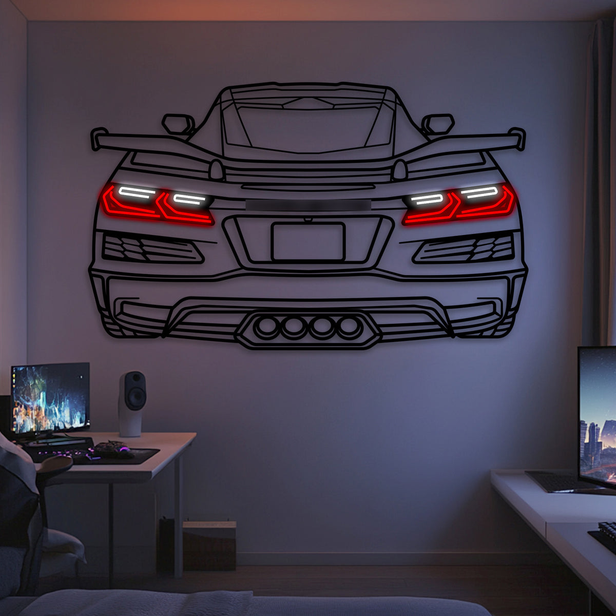 2024 Z06 C8 Corvette rear view neon-metal wall art