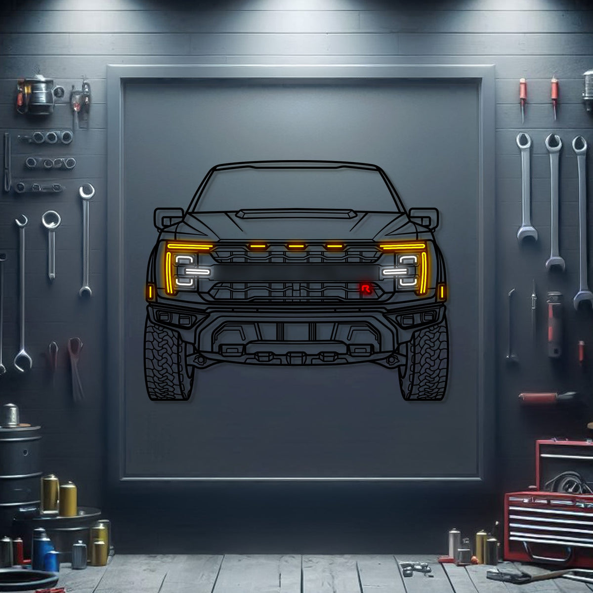 2024 Raptor R front view neon‑lit metal wall art silhouette