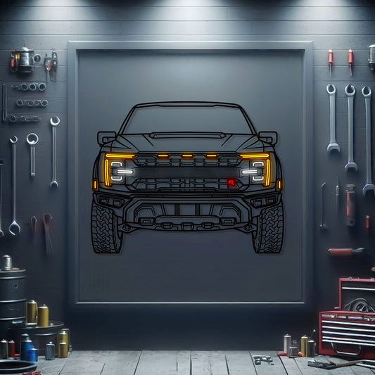 2024 Raptor R front view neon‑lit metal wall art silhouette