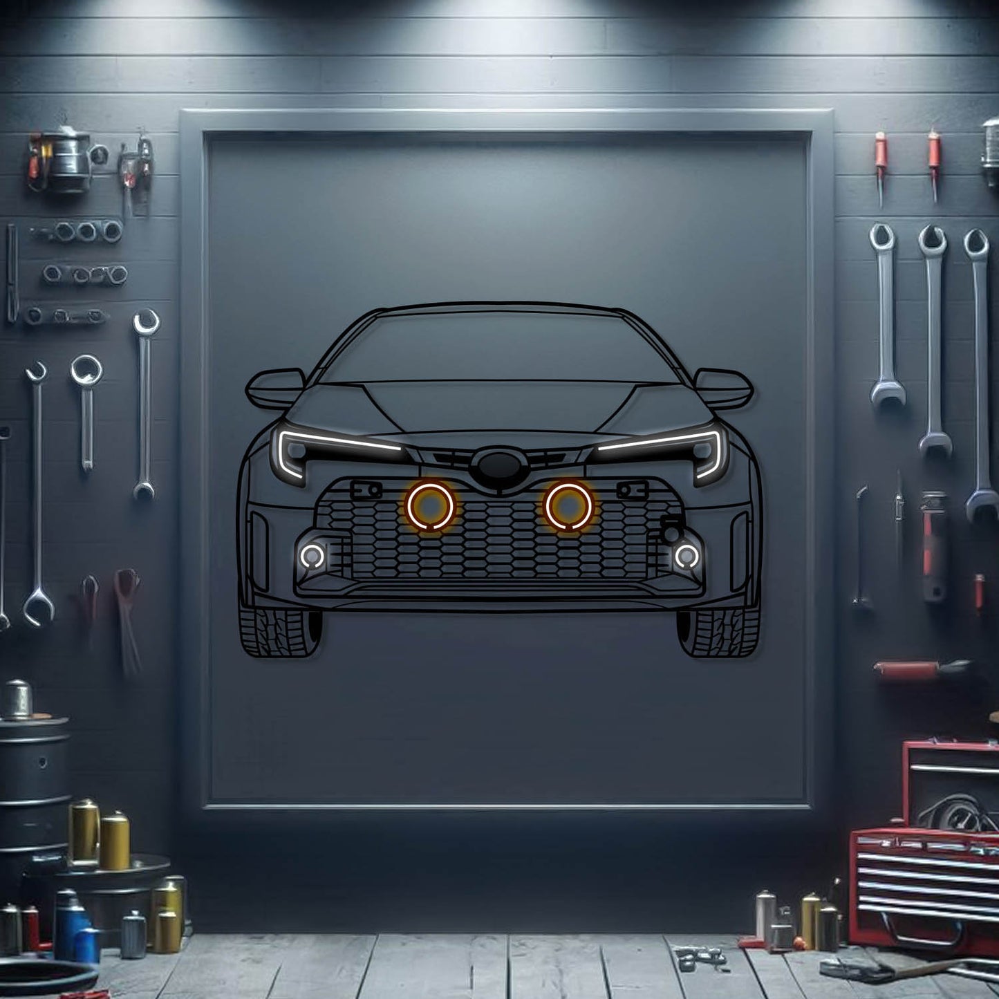 2024 Toyota GR Corolla front view metal neon car wall art – laser-cut steel décor for hot hatch enthusiasts