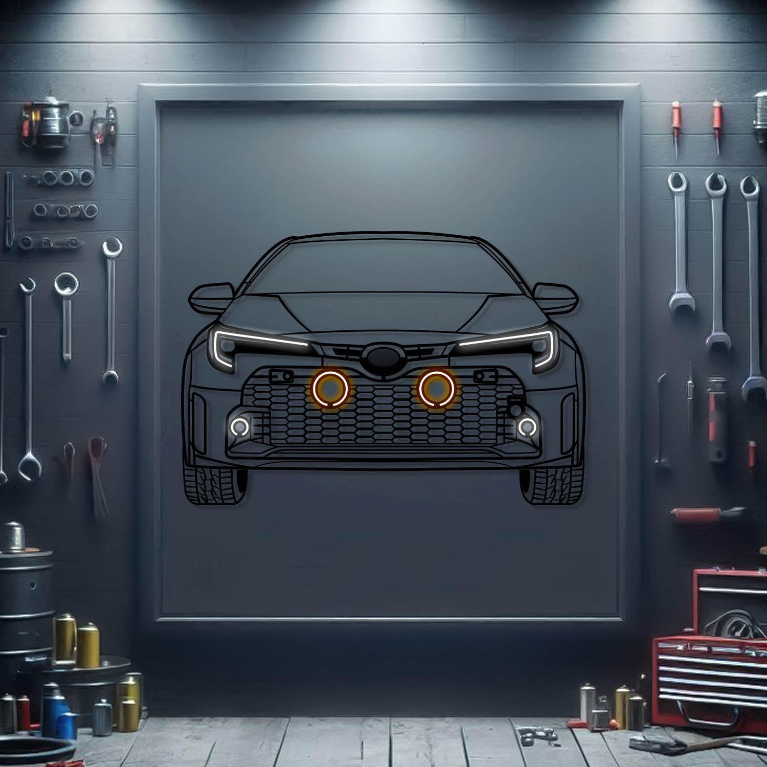 2024 Toyota GR Corolla front view metal neon car wall art – laser-cut steel décor for hot hatch enthusiasts