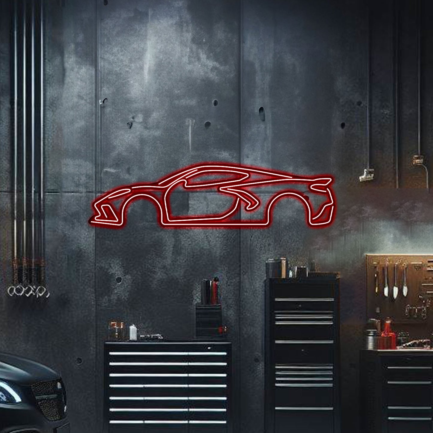 Plug‑and‑play Corvette C8 neon wall art floating 1 cm off wall – ready‑to‑hang motorsport décor for garage or man cave
