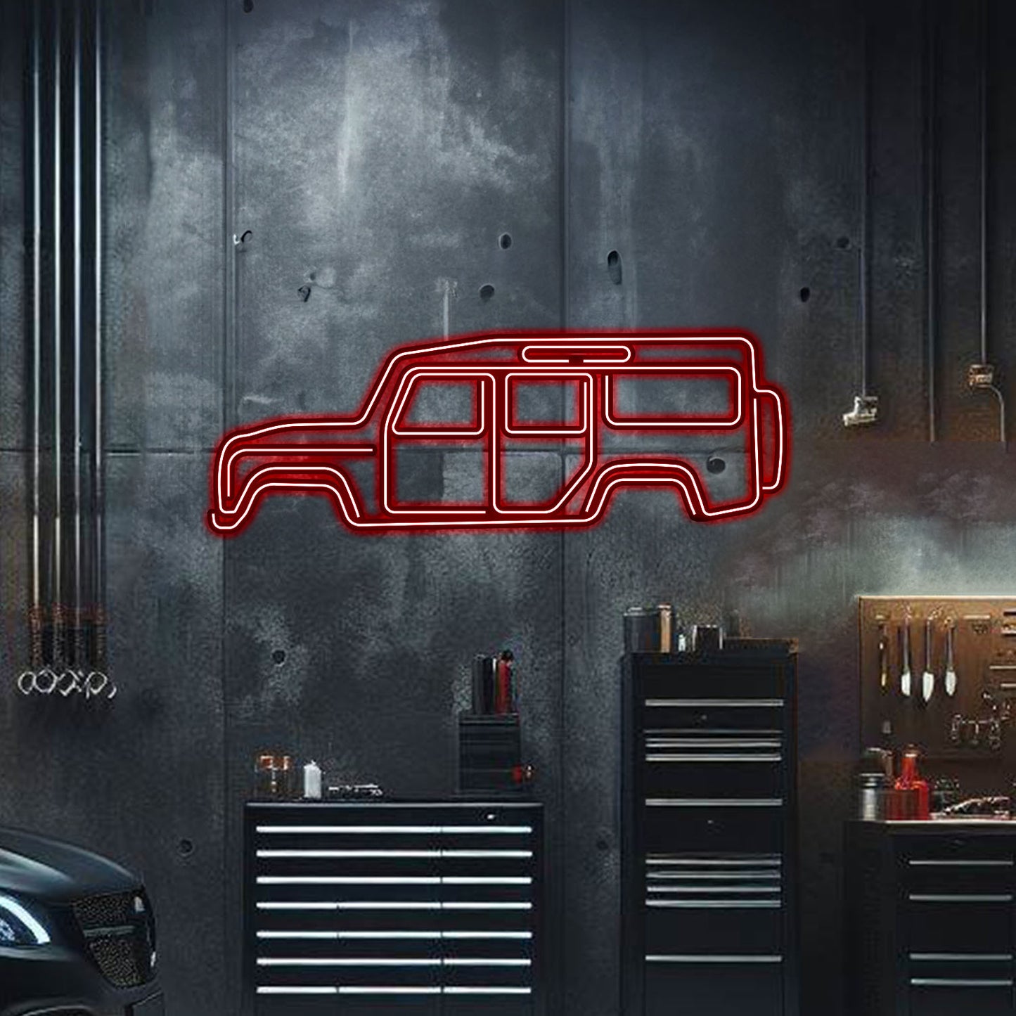 Plug‑and‑play Defender 110 neon wall art floating 1 cm off wall – rugged SUV décor for garage, office, or adventure-themed rooms