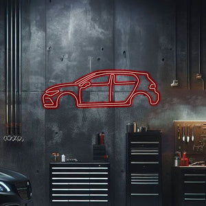 Laser-cut Golf GTI neon wall art in 3 mm steel with matte powder-coated finish and 3D elevation
