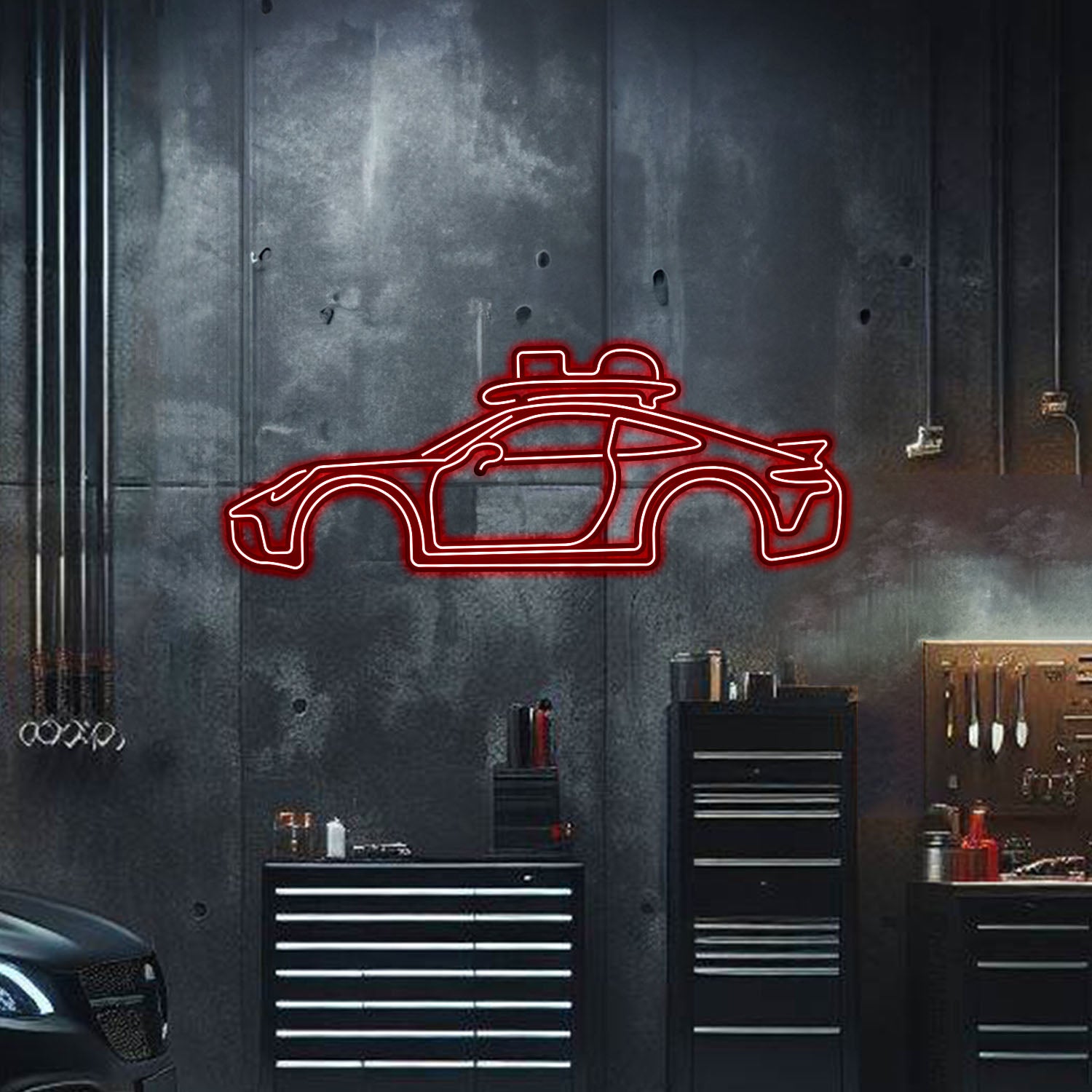 Plug-and-play 911 Dakar neon wall art floating 1 cm off the wall – sleek automotive décor for garage or man cave