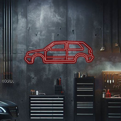 Laser‑cut Golf MK1 neon wall art in 3 mm steel, textured powder‑coated finish for garage décor