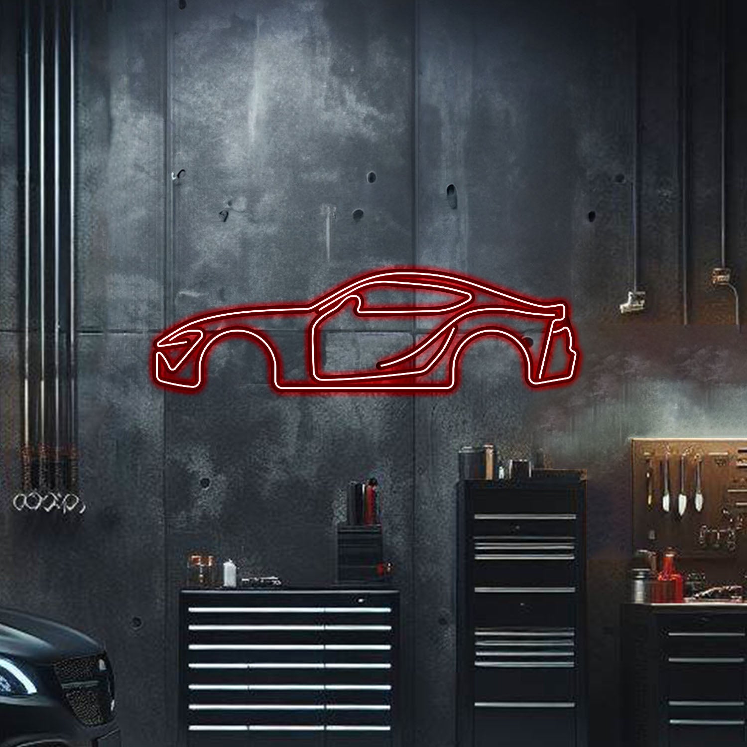 Plug‑and‑play Supra MK5 neon wall art floating 1 cm off wall – sleek automotive décor for garage or office