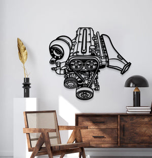 Metal wall art featuring 2JZ inline‑6 engine block profile