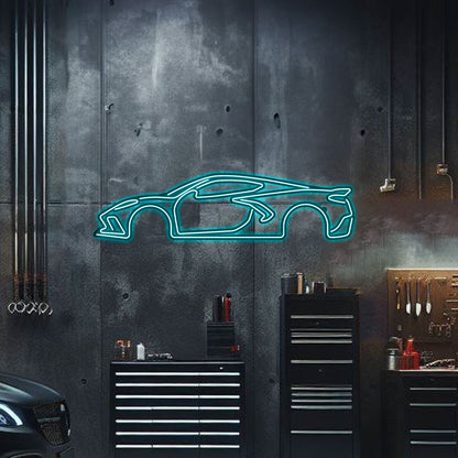 Precision laser‑cut 3 mm steel Corvette C8 silhouette with neon trim – premium supercar décor with depth effect
