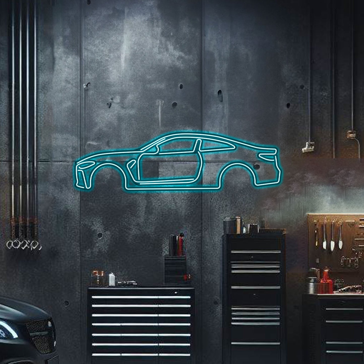 Precision laser-cut 3 mm steel BMW M4 silhouette with neon trim – premium performance car décor with depth effect