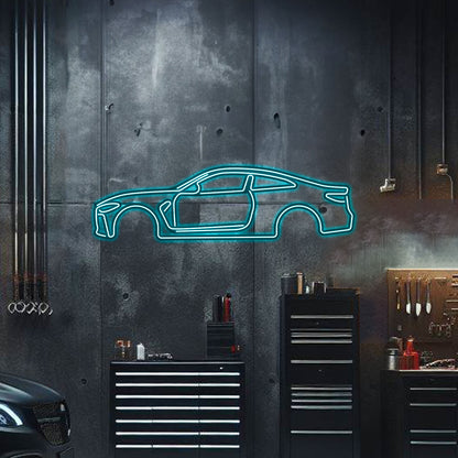 Precision laser-cut 3 mm steel BMW M4 silhouette with neon trim – premium performance car décor with depth effect